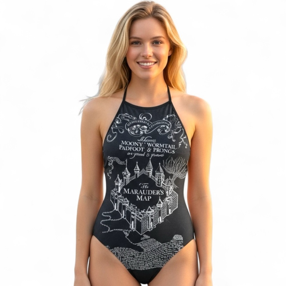 Harry Potter Women’s One Piece Swimsuit Medium Black Marauder’s Map Print